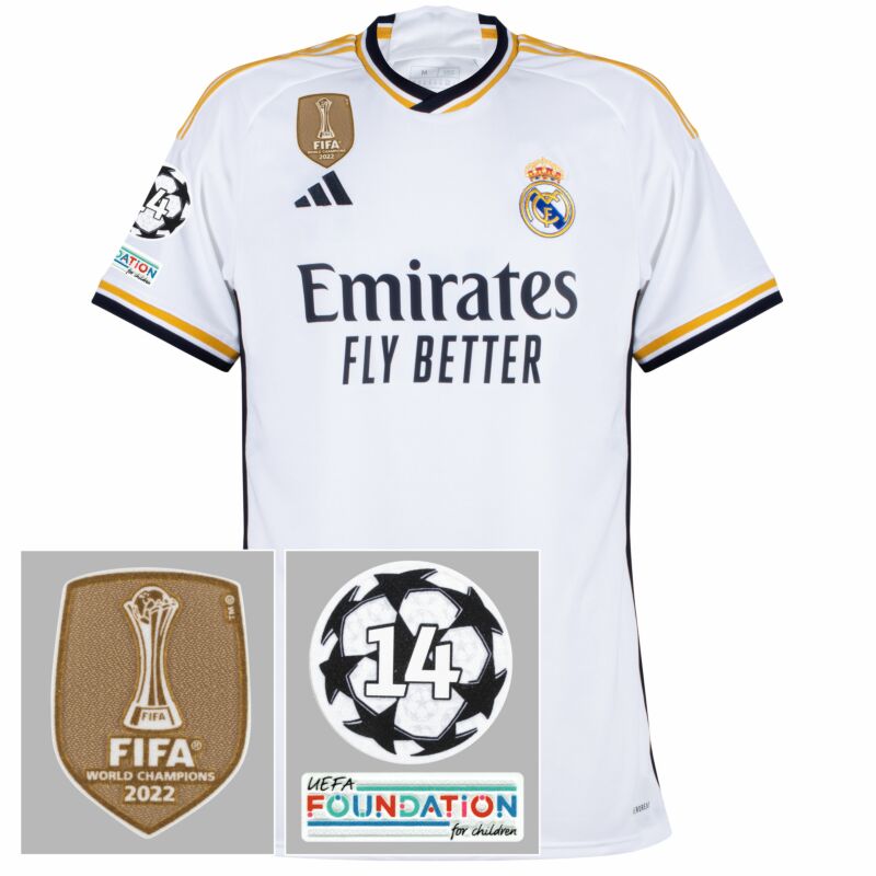 Camisa Real Madrid Home Patch UEFA Foundation,14 UCL  2023-2024
